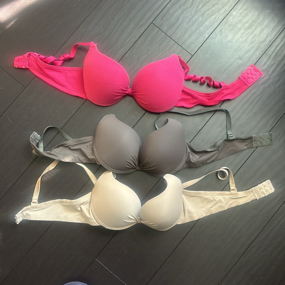 SHEIN 3 push up bras size M/ 80B fit like a 32/34B cup in pink, slate & nude EUC